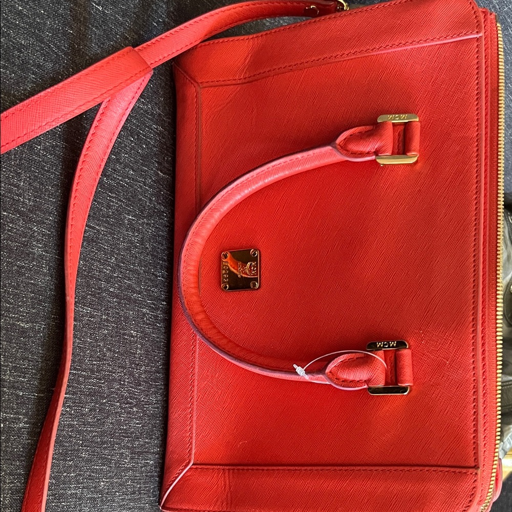 MCM Red Leather Satchel with Gold Hardware